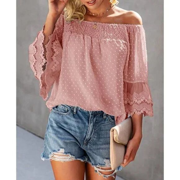 Blush Pink Off Shoulder 3/4 Bell Sleeve Ruffle Polka Dot Blouse Top - Picture 1 of 6